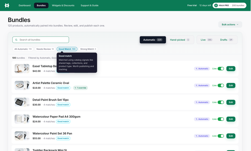 Hitch bundles management screen