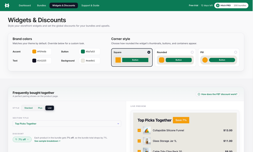 Hitch widgets and discounts settings